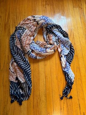 Stella & Dot Navy, Blue & Peach Patterned Scarf